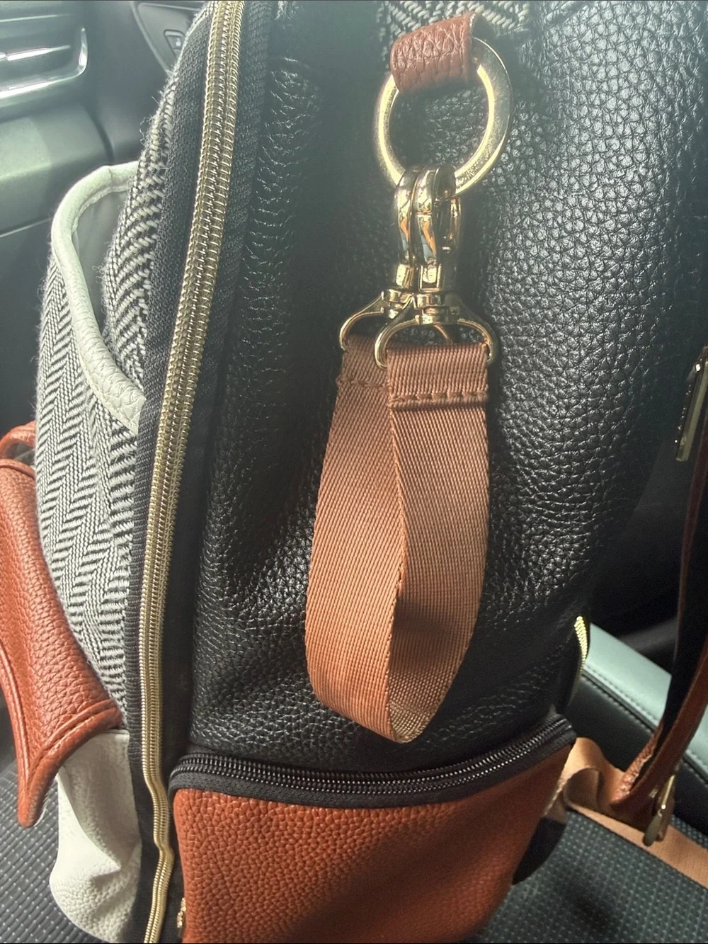 Itzy Ritzy Herringbone Black & White Diaper Backpack with Brown Accents